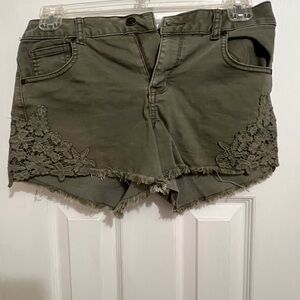 Altar'd State Olive Jean Shorts with Lace Detail